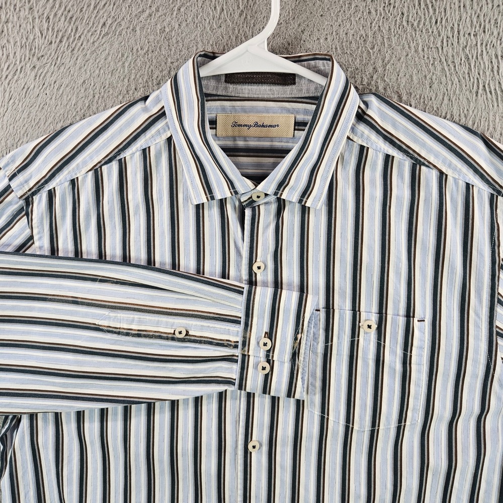Tommy Bahama Mens Blue Brown Striped Cotton Button Down Shirt Size M Long Sleeve